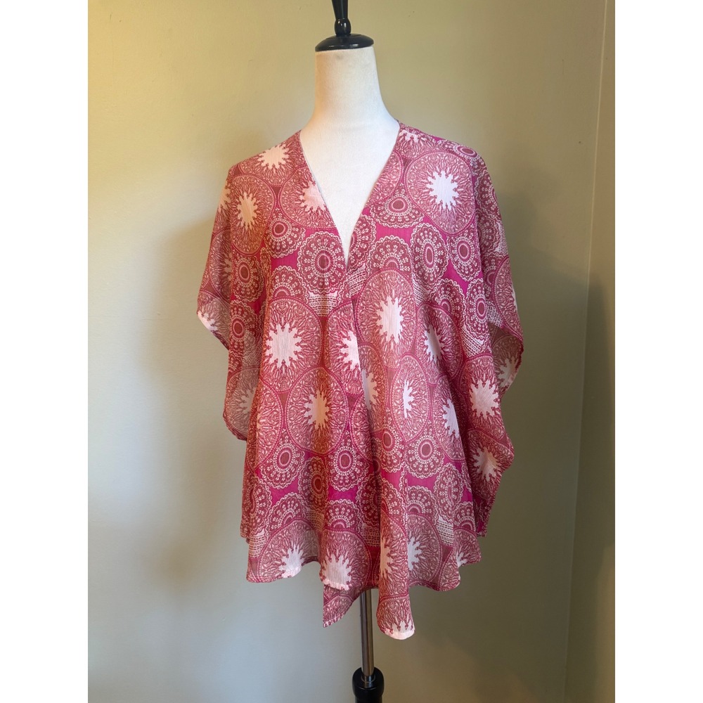 Sun Shadow Pink Medallion Kimono Kaftan Swim Cover Up S/M boho whimsi dainty y2k
